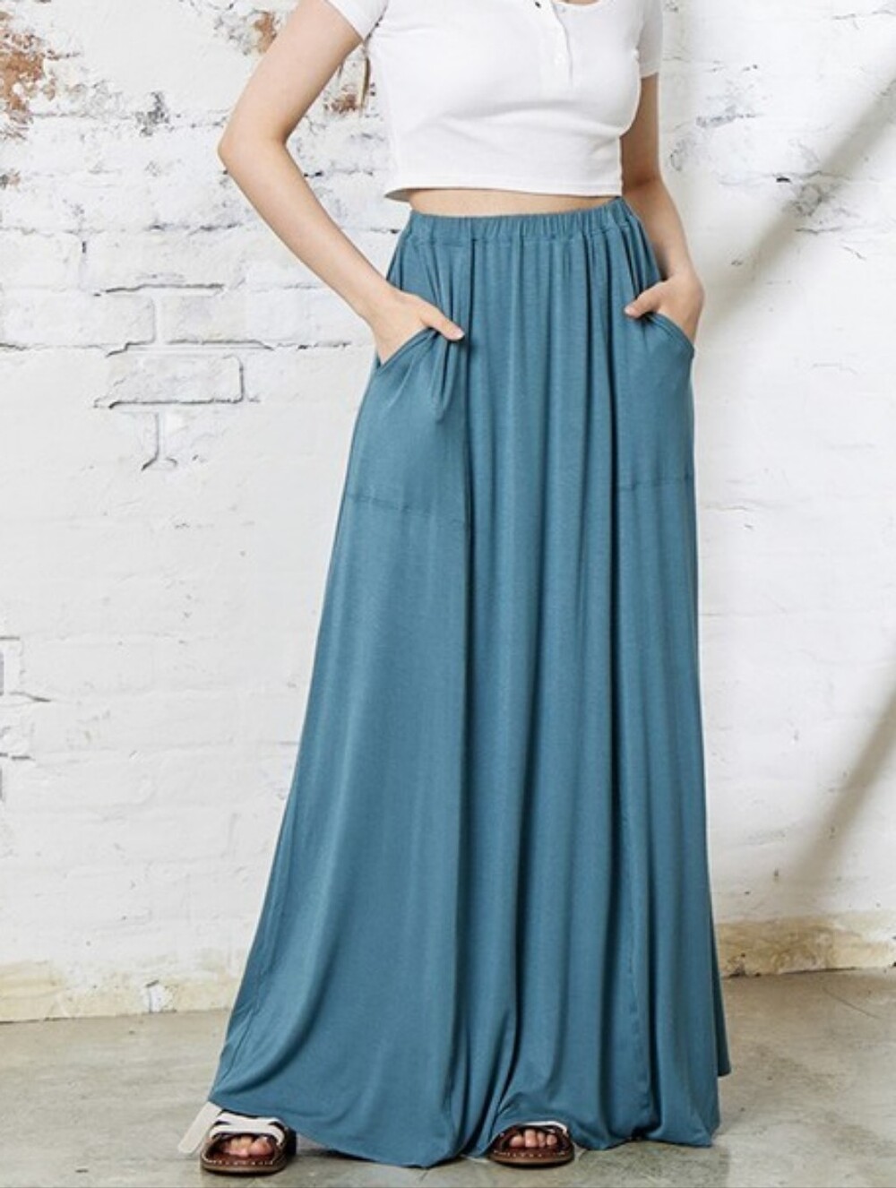 A5-0614 Beachy Teal Maxi Skirt with Pockets, Rayon Spandex, flowy, garment dyed